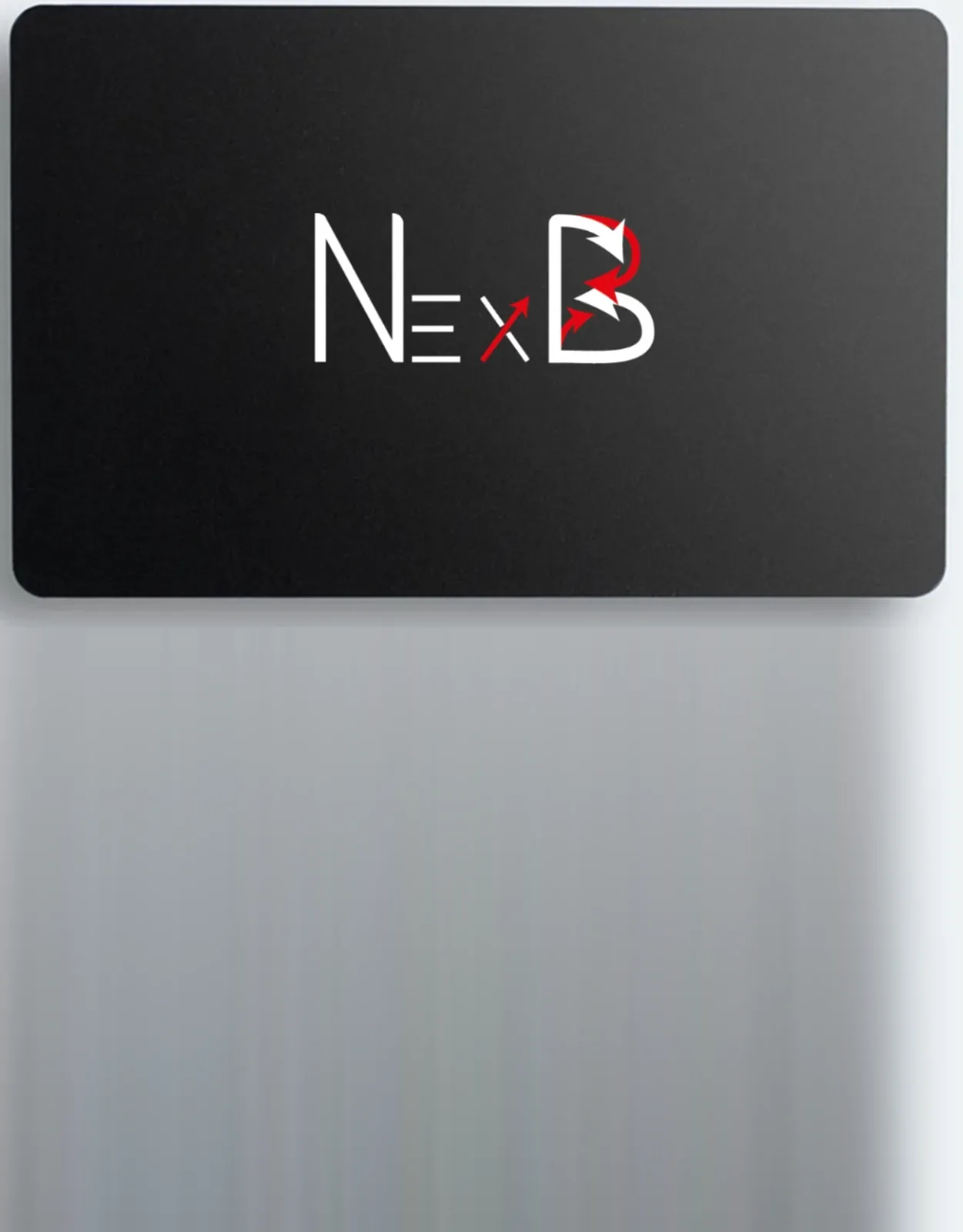 Cartes de visite NexB noires : logo au recto, QR code au verso