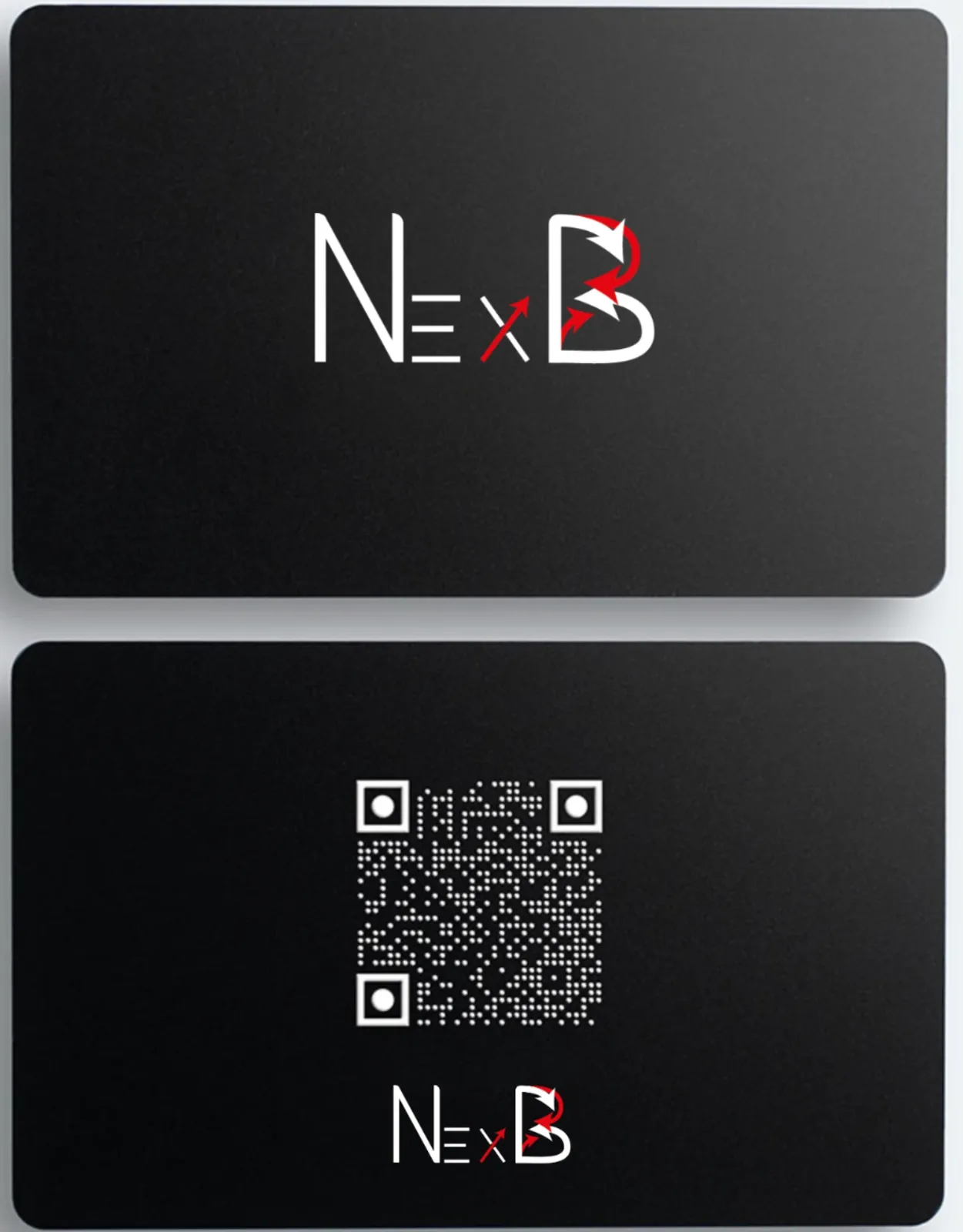 Cartes de visite NexB noires : logo au recto, QR code au verso