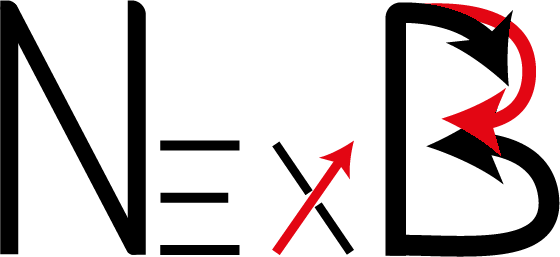 Logo NexB : lettres noires, flèches rouges autour du B